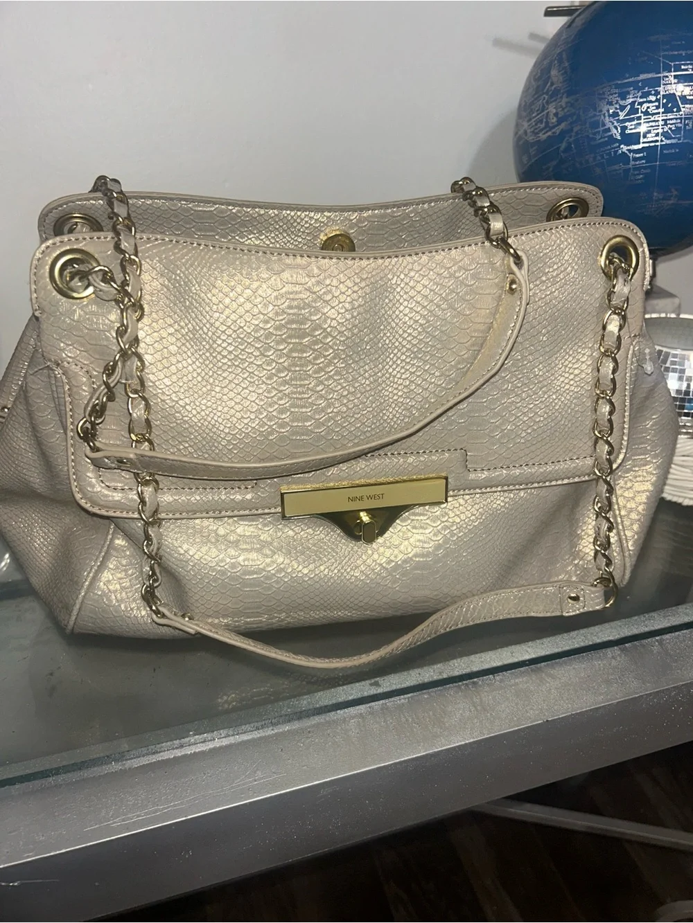 Nine West Metallic Champagne Snake-Embossed Shoulder Bag with Gold Hardware